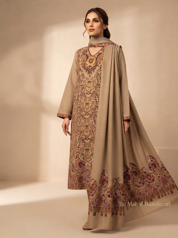 3-Piece Kani Woolen unstitched Suit - Camel
