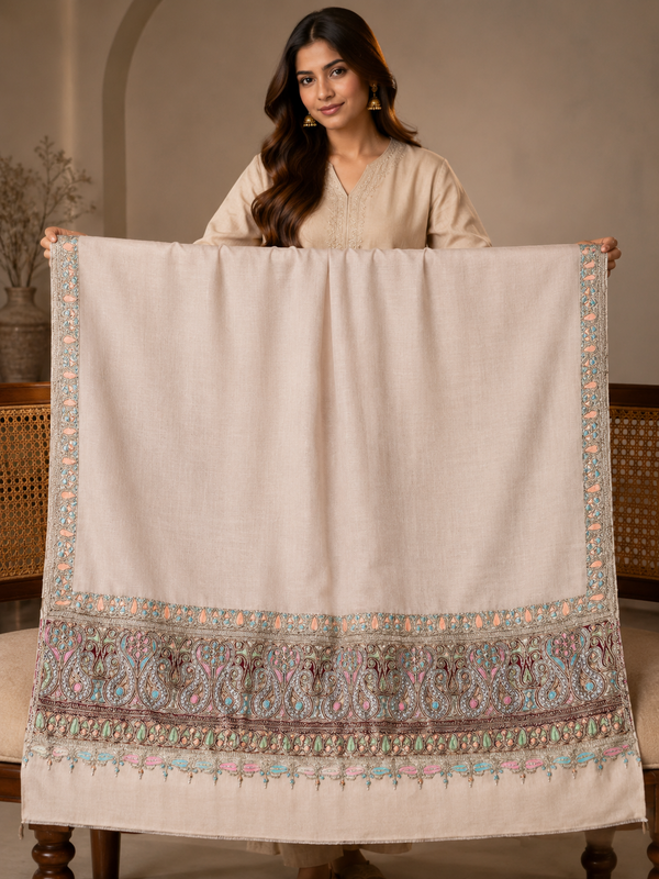 Pure Pashmina Hand-Embroidered Sozni Border Shawl - 05 - Tajmehalhandicrafts