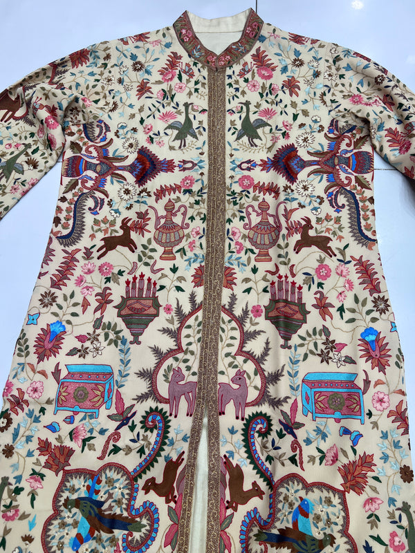 One-of-a-Kind Handmade Kashmiri Shikargah Embroidered Long Coat