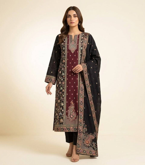 Black with Maroon Maharani Unstitched Suits