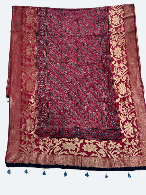 Premium Dola Silk Ajrakh Hand Block Print Natural Dye Zari Border Dupatta