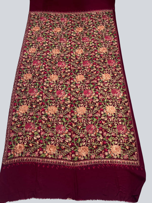 Multicolor Aari Embroidered Maroon Kashmiri Wool Shawl