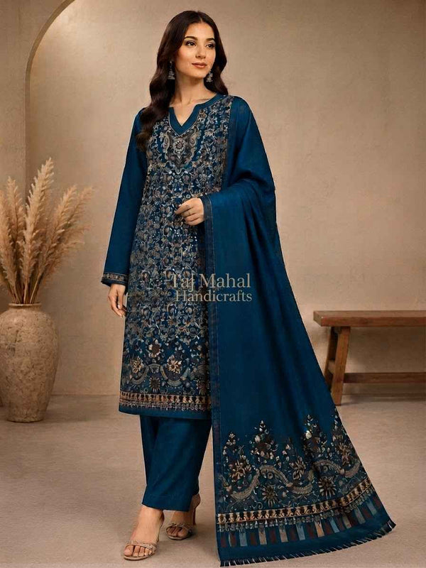 3-Piece Kani Woolen unstitched Suit - Teal