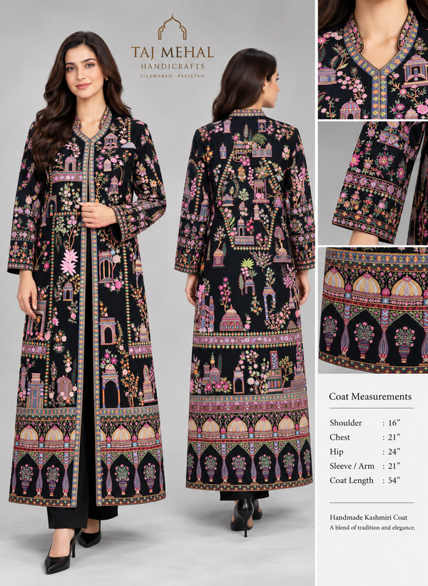 One-of-a-Kind Handmade Kashmiri Shikargah Coat – Black Multicolor Floral Embroidery