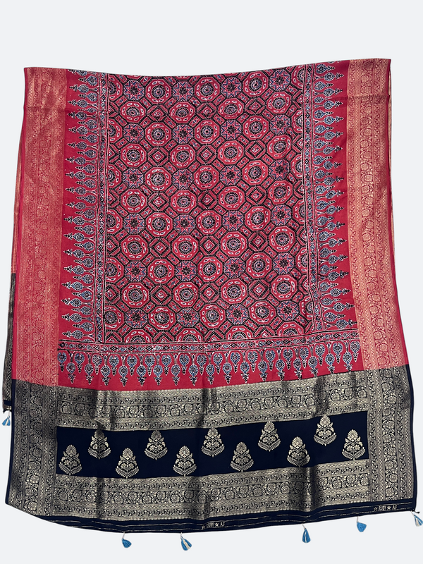 Dola Silk Ajrakh Dupatta with Natural Dye Hand Block Print & Zari Border