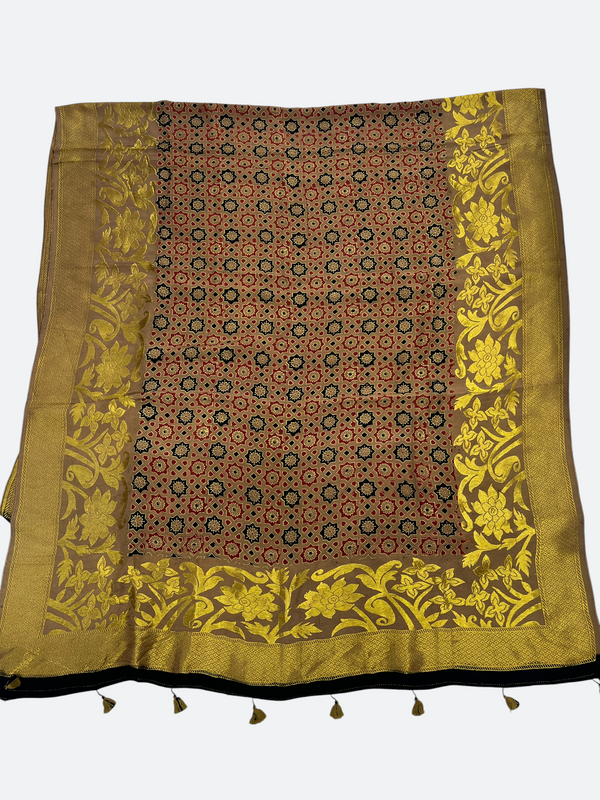 AJRAKH PRINT DOLA SILK ZARI WEAVING DUPATTA