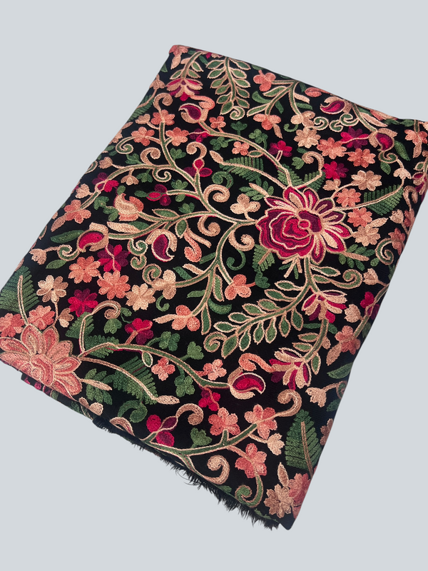 Multicolor Aari Embroidered Black Kashmiri Wool Shawl