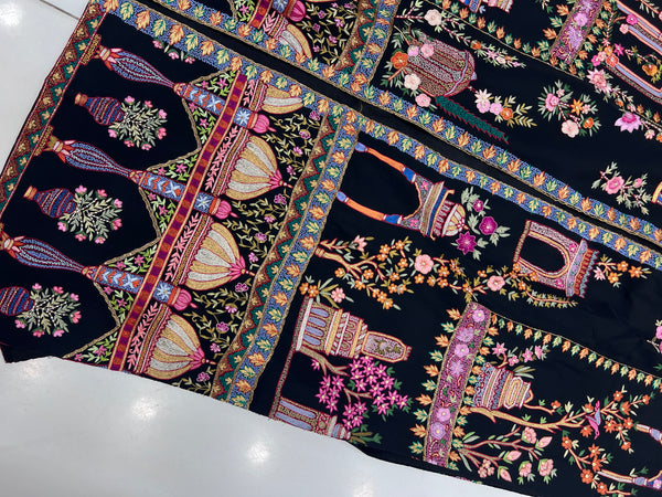 One-of-a-Kind Handmade Kashmiri Shikargah Coat – Black Multicolor Floral Embroidery