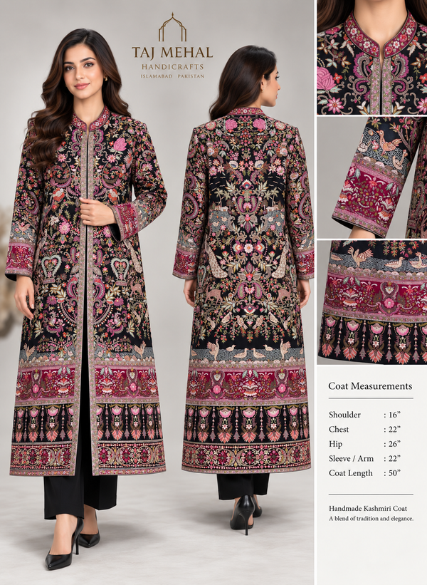 Handmade Kashmiri Kilimkari Coat – Black Multicolor Floral & Bird Embroidery
