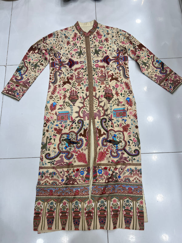 One-of-a-Kind Handmade Kashmiri Shikargah Embroidered Long Coat