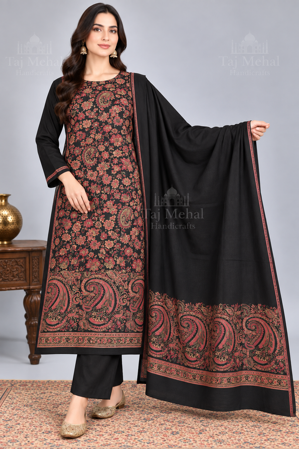 Black MonaLisa 3-piece Kani woolen unstitched suit for women – Taj Mehal Handicrafts