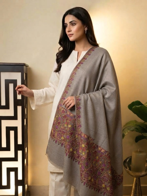 Pure Pashmina Hand-Embroidered Sozni Border Shawl - 04 - Tajmehalhandicrafts
