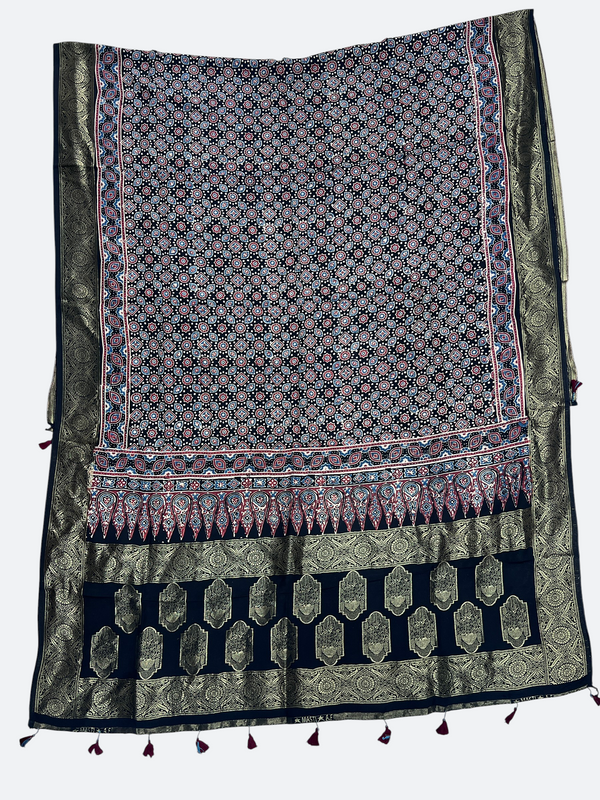 Zari Work Ajrakh Print Pure Modal Silk Dupatta