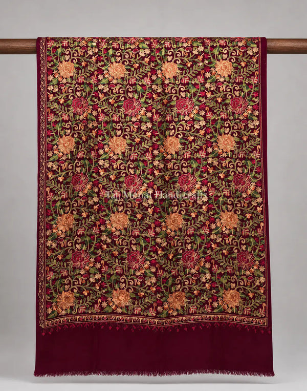 Multicolor Aari Embroidered Maroon Kashmiri Wool Shawl