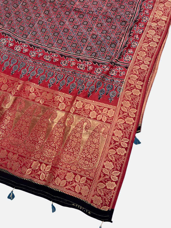 Handcrafted Ajrakh Dola Silk Dupatta – Natural Dye & Zari Detail