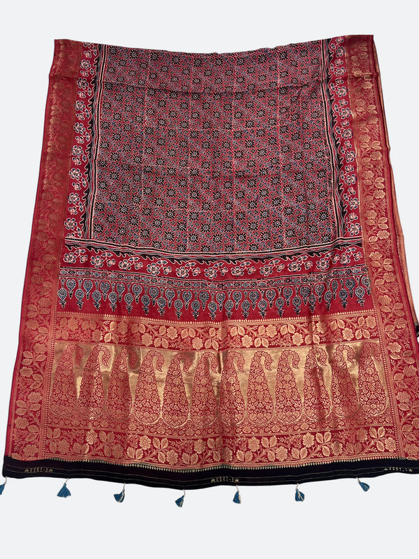 Handcrafted Ajrakh Dola Silk Dupatta – Natural Dye & Zari Detail