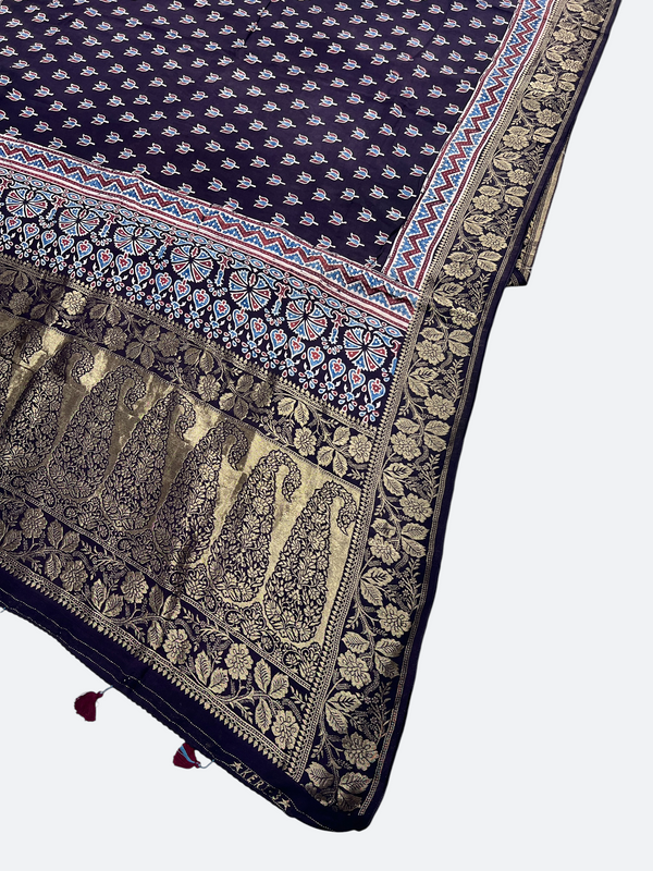 AJRAKH PRINT DOLA SILK ZARI WEAVING DUPATTA - Taj Mehal handicrafts