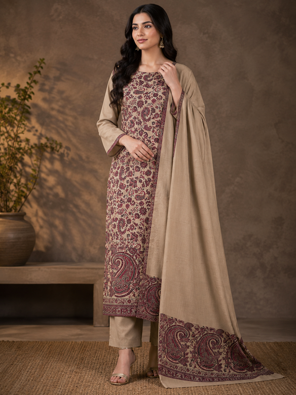 3-Piece Kani Woolen unstitched Suit - Skin MonaLisa