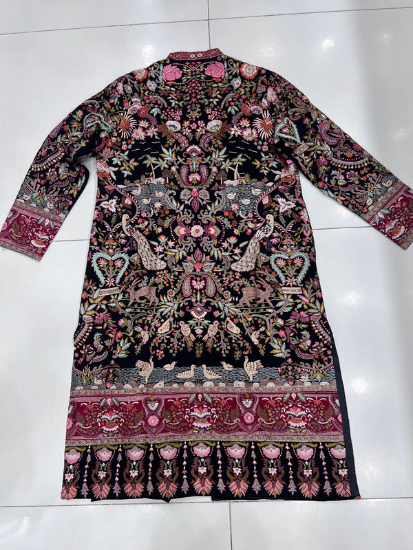 Handmade Kashmiri Kilimkari Coat – Black Multicolor Floral & Bird Embroidery
