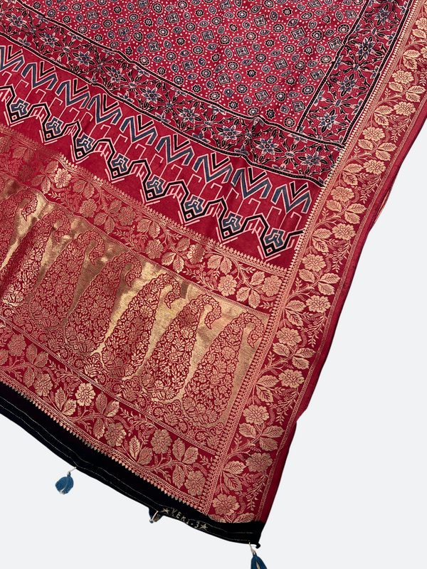 Heritage Ajrakh Dola Silk Dupatta – Hand Block Printed with Natural Dyes