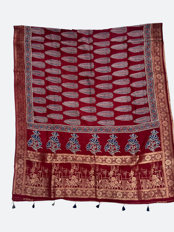 Luxury Dola Silk Ajrakh Dupatta – Traditional Hand Block Print
