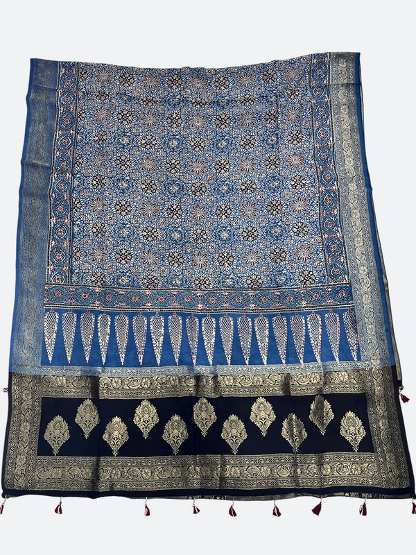 Elegant Dola Silk Ajrakh Dupatta – Natural Dye Craftsmanship