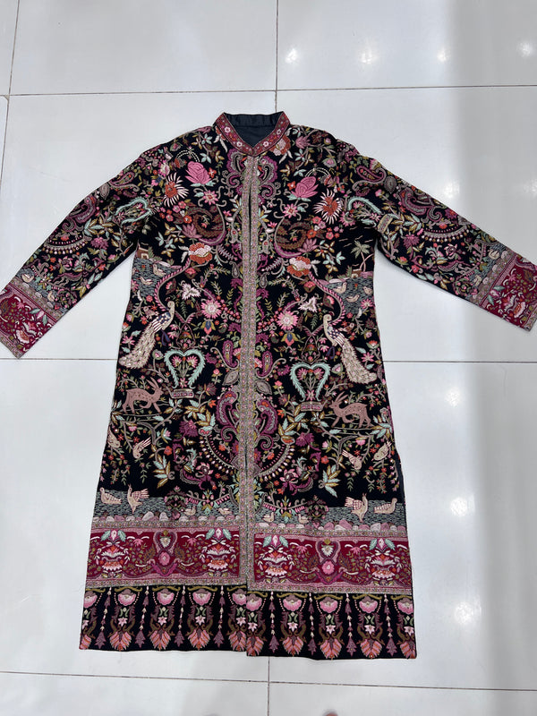 Handmade Kashmiri Kilimkari Coat – Black Multicolor Floral & Bird Embroidery