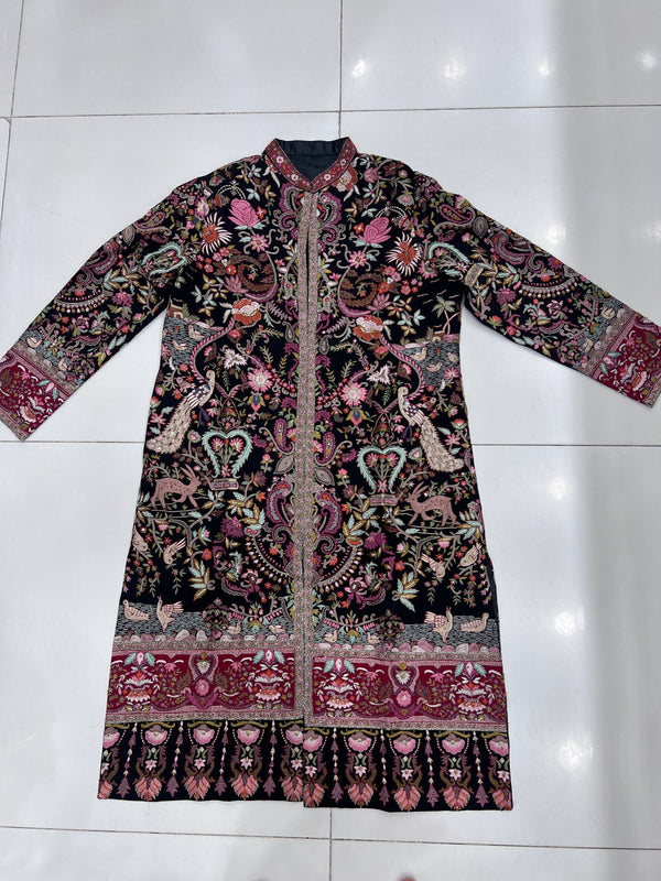 Handmade Kashmiri Kilimkari Coat – Black Multicolor Floral & Bird Embroidery