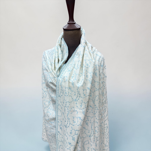 Ivory Pashmina shawl with turquoise all-over handmade Sozni Jaal embroidery – Taj Mehal Handicrafts Islamabad