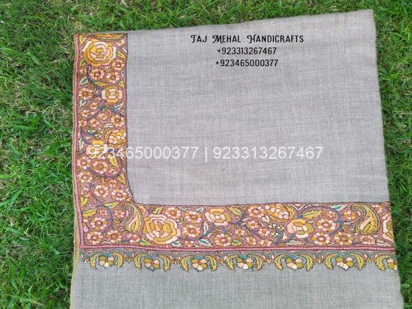 Un Dyed Taupe Border Embroidery Cashmere Shawl