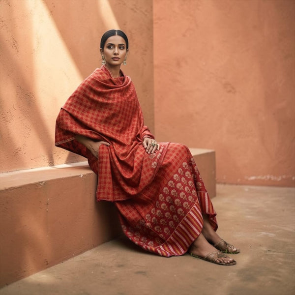 tajmehalhandicrafts rust-red embroidered shawl and dress set with checkered pattern and floral motifs on a model