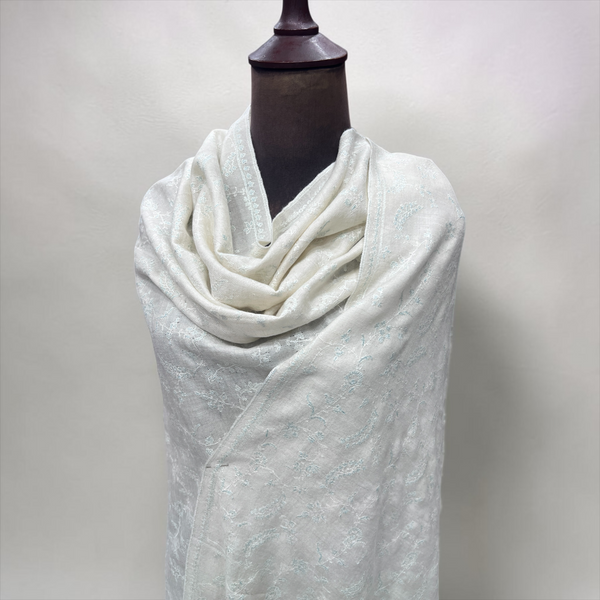White on white pure Pashmina Sozni Jaal shawl with tone-on-tone hand embroidery for women – Taj Mehal Handicrafts Islamabad Pakistan