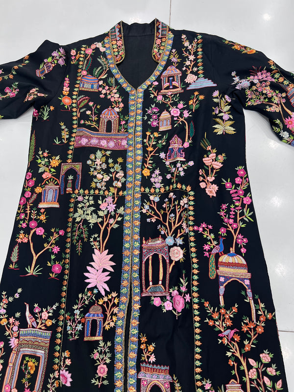 One-of-a-Kind Handmade Kashmiri Shikargah Coat – Black Multicolor Floral Embroidery
