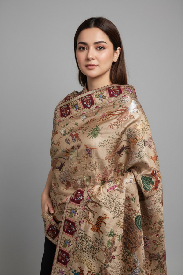 Kalamkari Shikargah Shawls | Exclusive Hand-made Silk-Lama