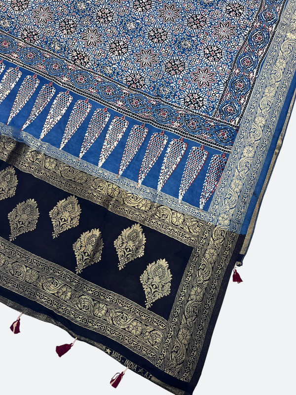 Elegant Dola Silk Ajrakh Dupatta – Natural Dye Craftsmanship