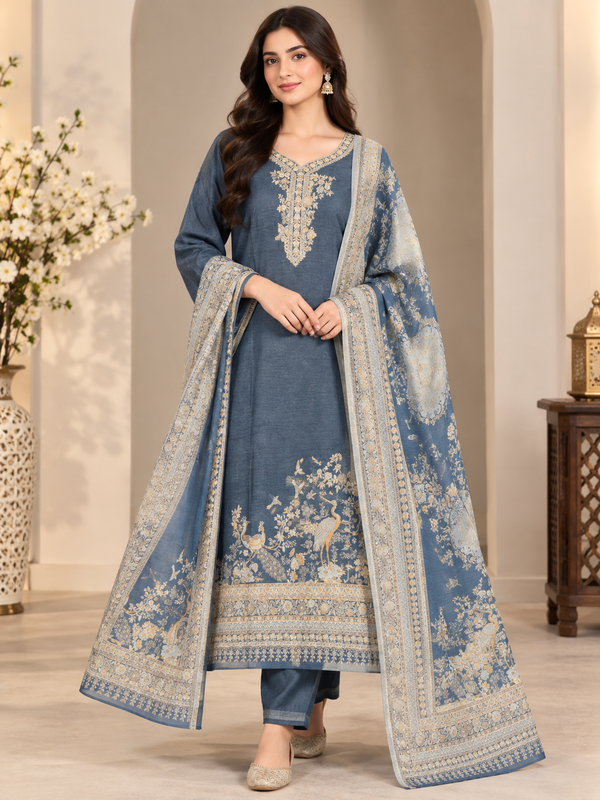 Premium 3-Piece Unstitched Indian Kani Silk Set