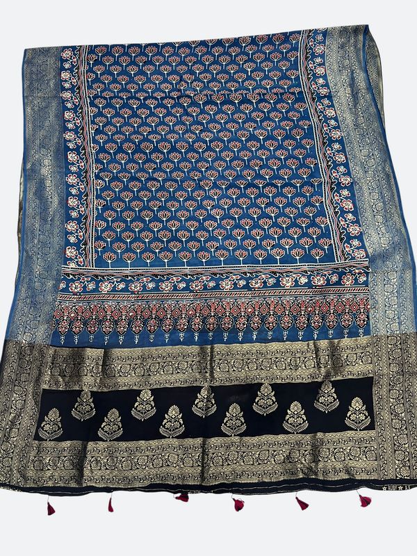 Artisan Ajrakh Dola Silk Dupatta – Traditional Hand Block Craft