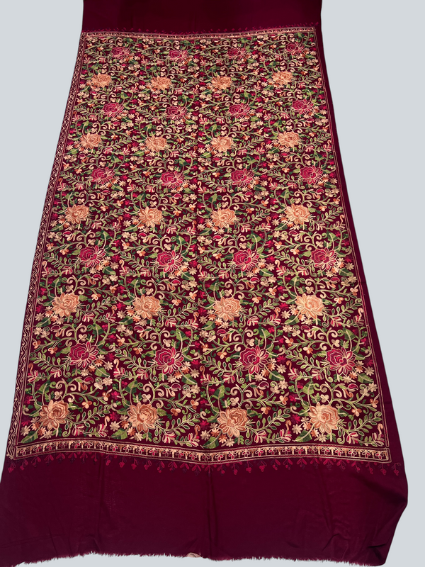 Multicolor Aari Embroidered Maroon Kashmiri Wool Shawl