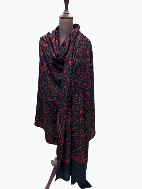 Black & Maroon Sozni Jaal Pure Pashmina Shawl – One of a Kind