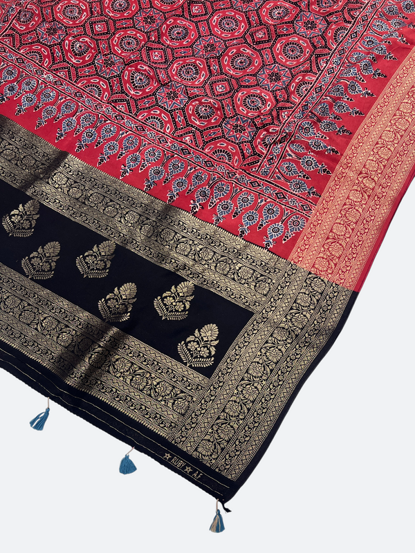 Dola Silk Ajrakh Dupatta with Natural Dye Hand Block Print & Zari Border
