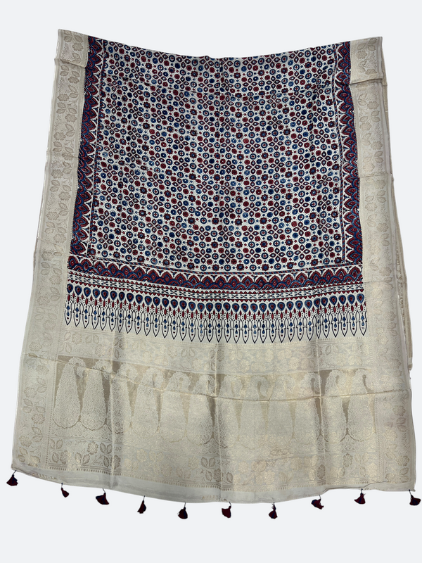 Festive Ajrakh Dola Silk Dupatta – Hand Block Print & Zari