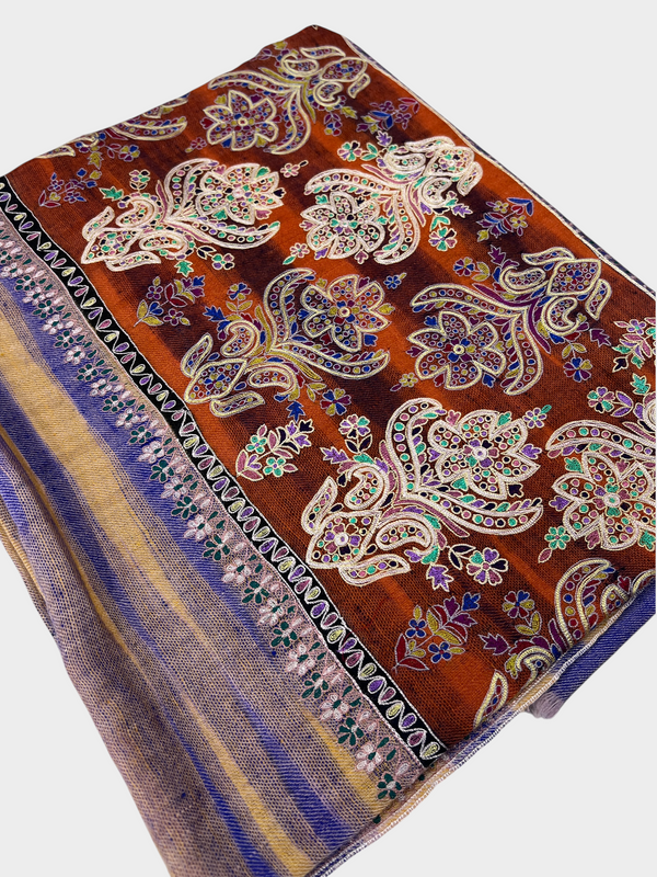 Pure Pashmina Hand-Embroidered Sozni Border Shawl - 01 - Tajmehalhandicrafts