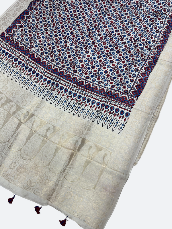 Festive Ajrakh Dola Silk Dupatta – Hand Block Print & Zari