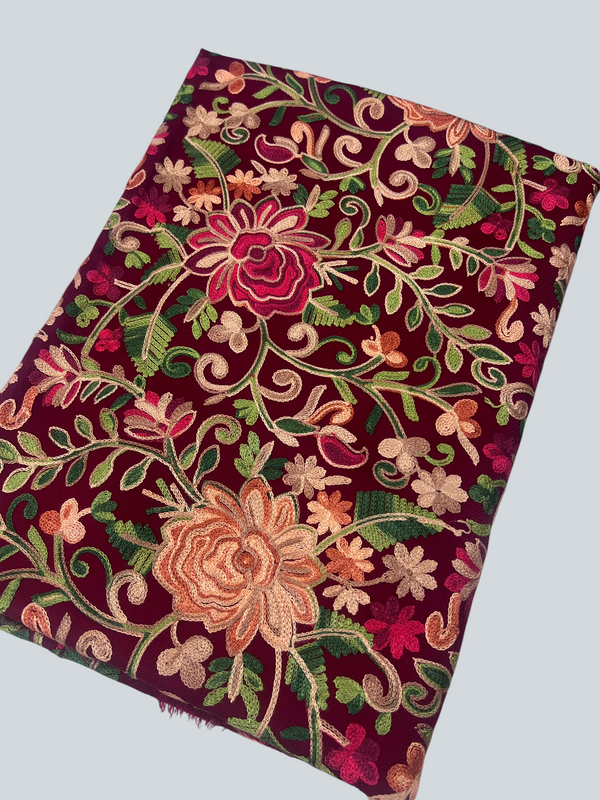 Multicolor Aari Embroidered Maroon Kashmiri Wool Shawl