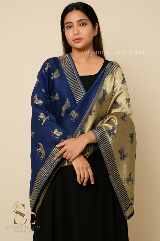 Twinlight reversible horse moonlight design shawl - Navy Blue
