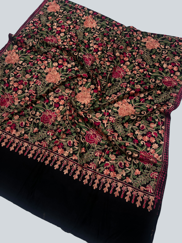 Multicolor Aari Embroidered Black Kashmiri Wool Shawl