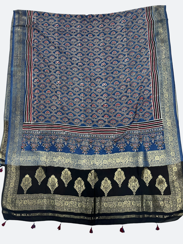 Classic Ajrakh Dola Silk Dupatta – Natural Dye Heritage Textile