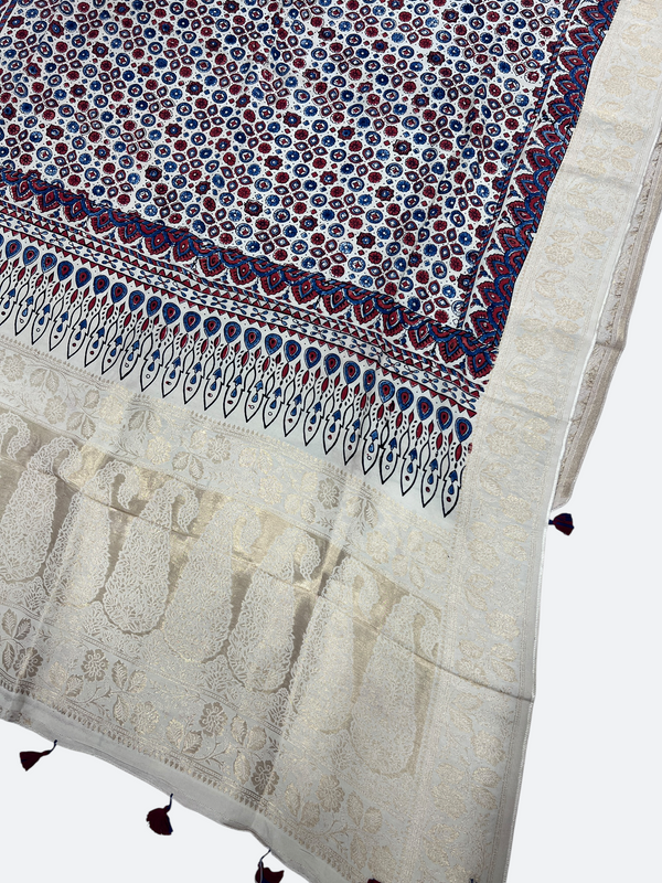 Fine Ajrakh Dola Silk Dupatta – Natural Dyed Hand Block Print