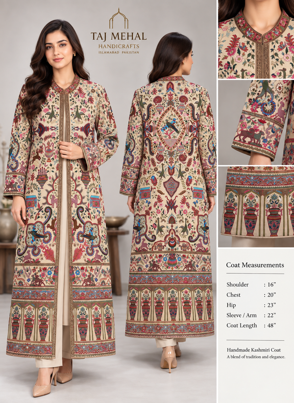One-of-a-Kind Handmade Kashmiri Shikargah Embroidered Long Coat