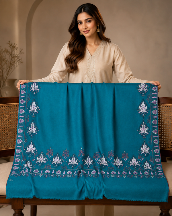 Pure Pashmina Hand-Embroidered Sozni Border Shawl - 06 - Tajmehalhandicrafts